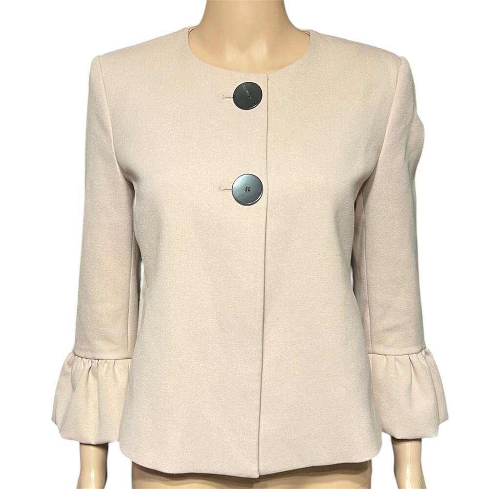 Zara Basic Pink Cropped Jacket with Ruffle Flare Sleeves and Oversized Buttons